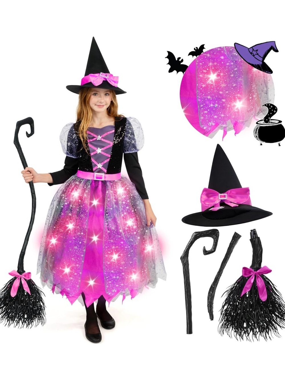Girl’s Witch Costume Light Up Costume Witch Dress with Hat & Broom Size Med.8-10